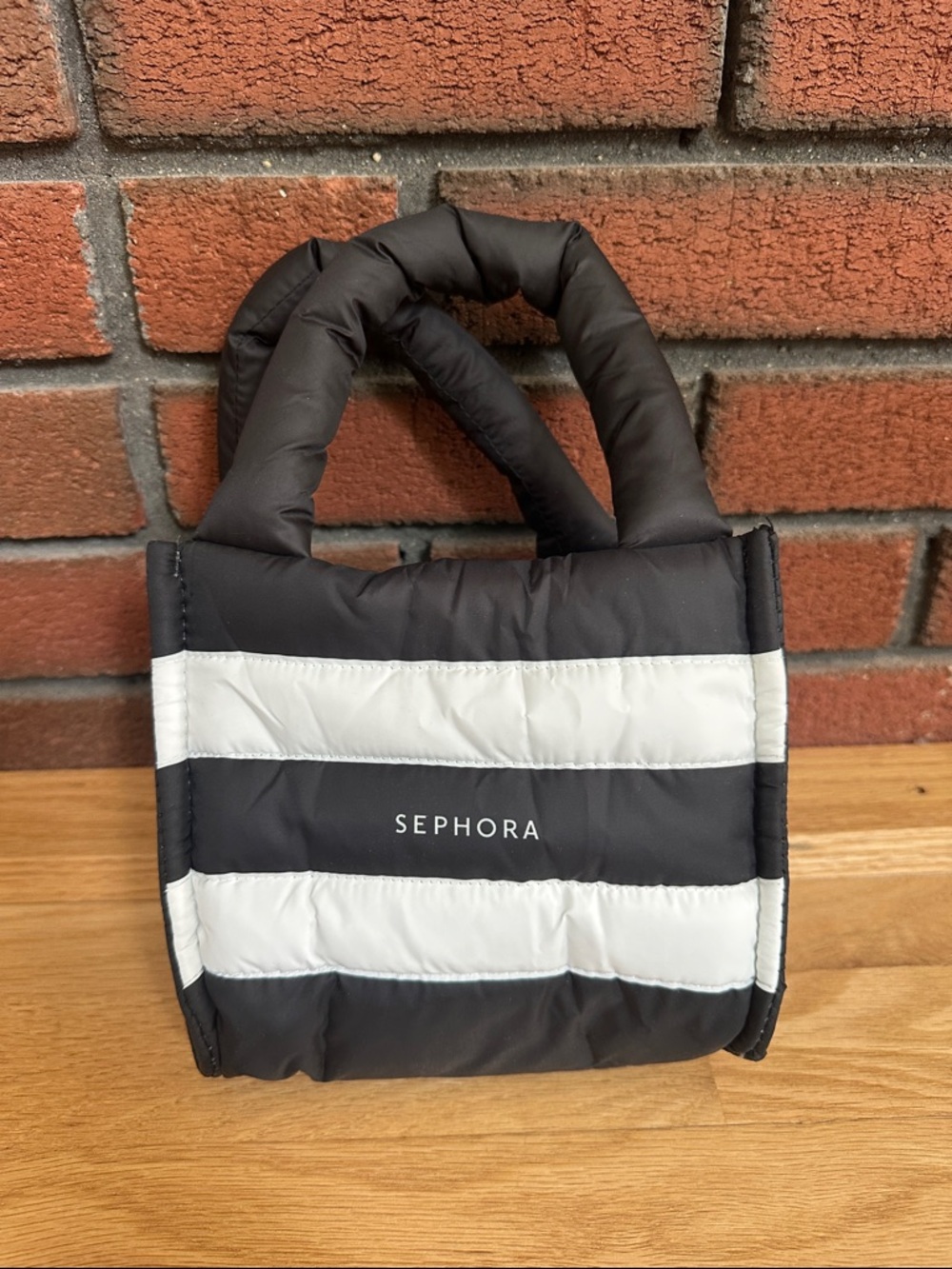Sephora Quilted Puffer Mini Tote in Black and White Stripes